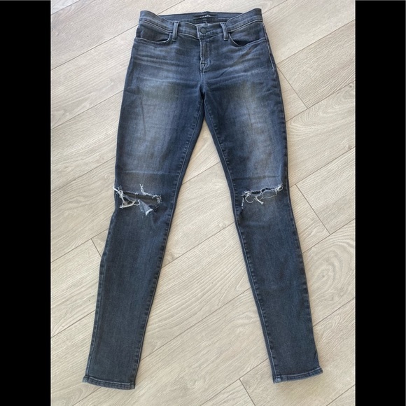 Grunge distressed JBrand super skinny mid-high waisted charcoal black jean - Picture 13 of 14